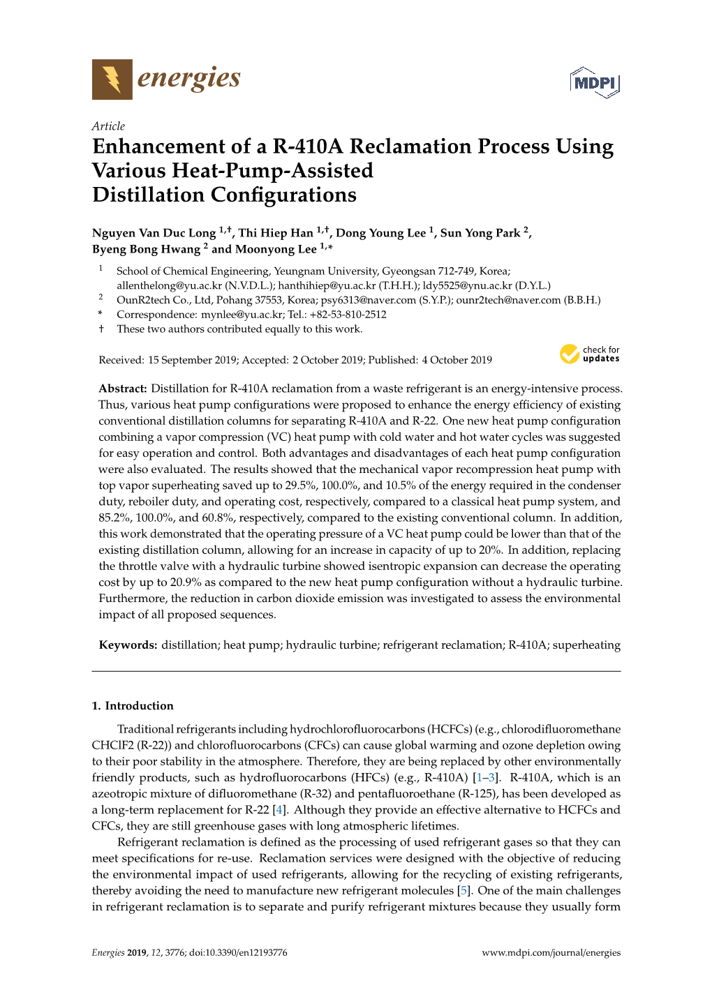 Enhancement of a R-410A Reclamation Process Using Various Heat-Pump-Assisted Distillation Conﬁgurations