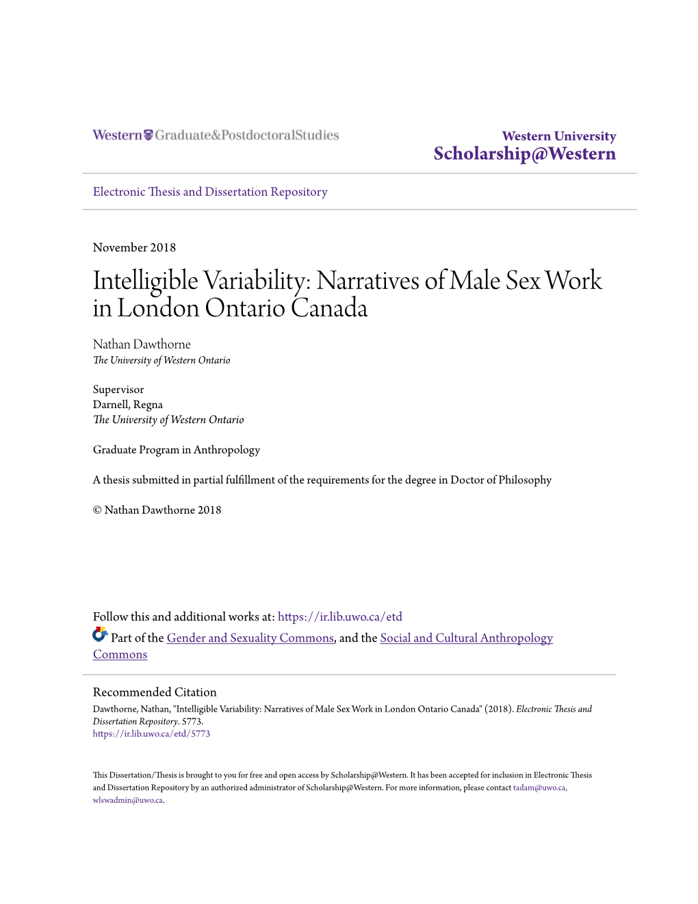 Narratives of Male Sex Work in London Ontario Canada Nathan Dawthorne the University of Western Ontario