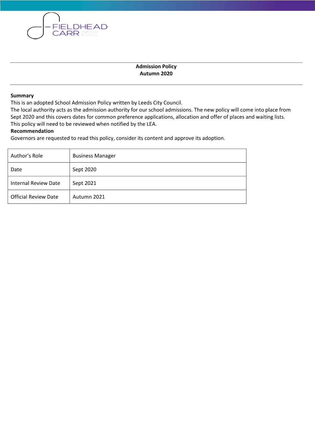 Admission to Primary School Policy 2020-21