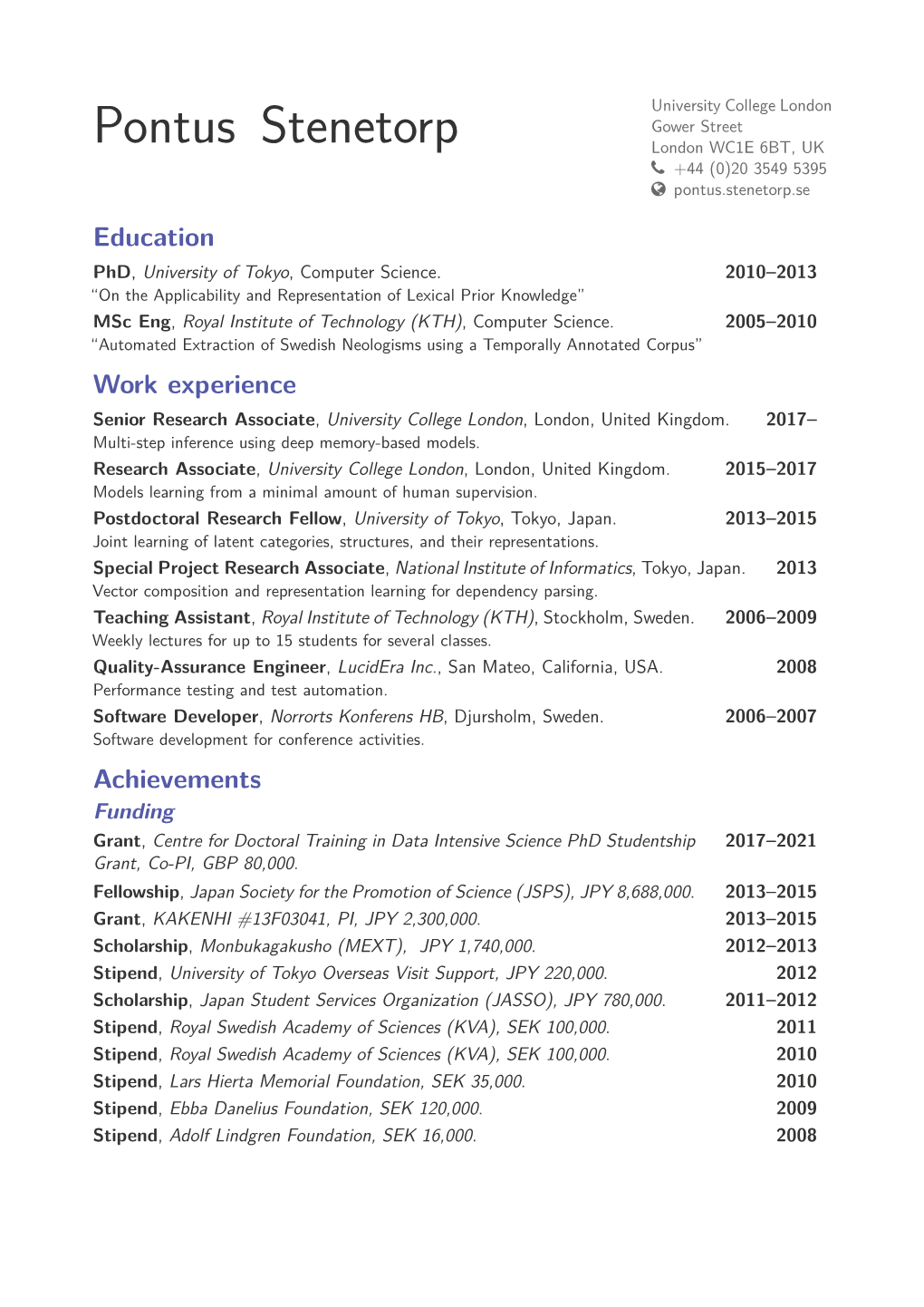 Curriculum Vitae (June 8, 2017) Page 2 of 8 Teaching Assistant, Royal Institute of Technology (KTH), Stockholm, Sweden