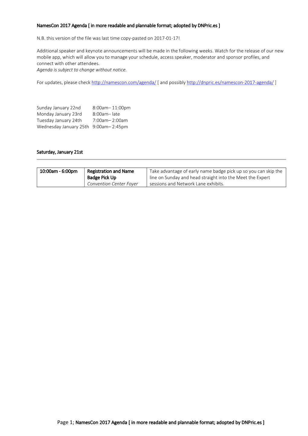 Namescon 2017 Agenda [ in More Readable and Plannable Format; Adopted by Dnpric.Es ]