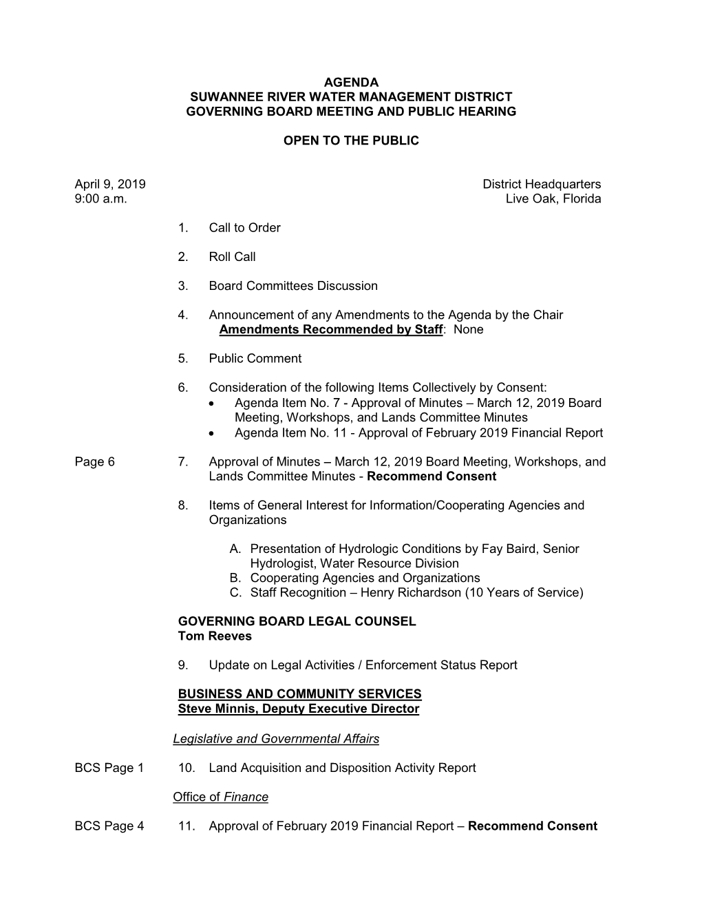 Agenda Suwannee River Water Management District Governing Board Meeting and Public Hearing