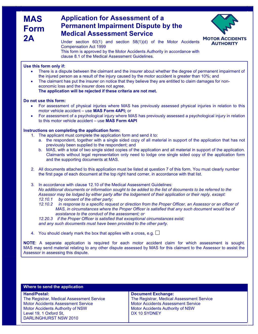 2A - Application for Assessment of a Permanent Impairment Dispute by the Medical Assessment