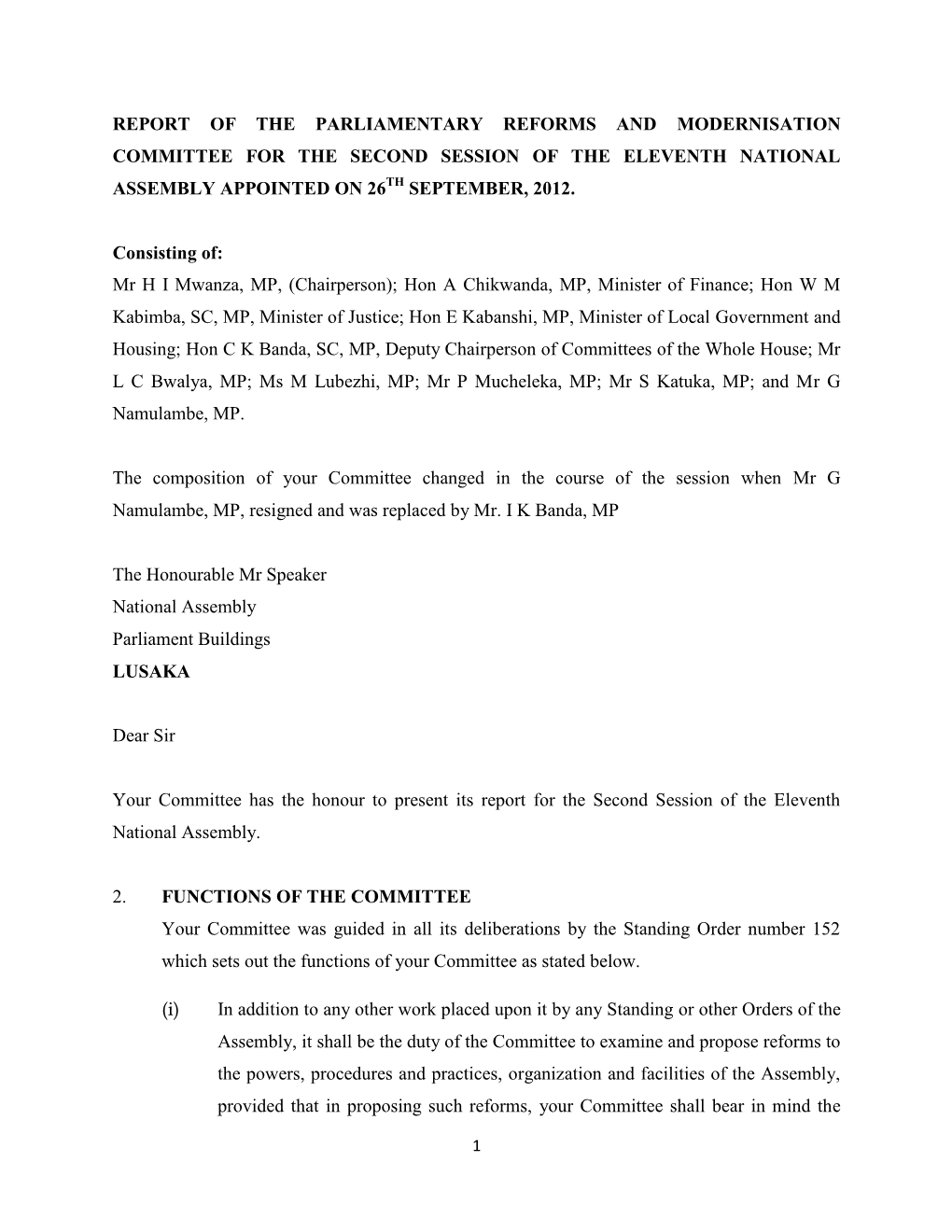 Report of the Parliamentary Reforms and Modernisation Committee for the Second Session of the Eleventh National Assembly Appointed on 26Th September, 2012