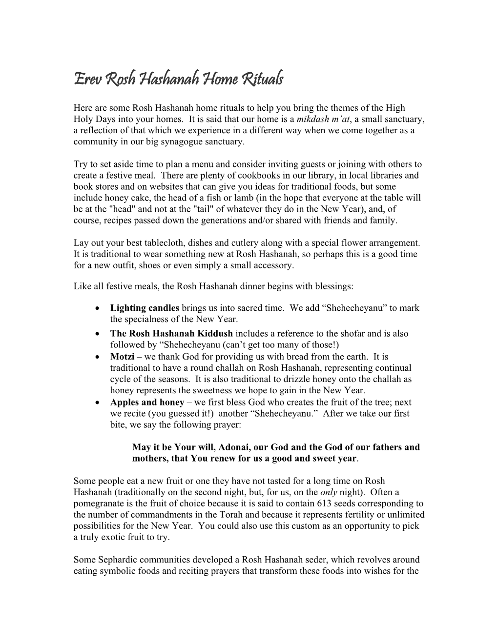 Erev Rosh Hashanah Home Rituals