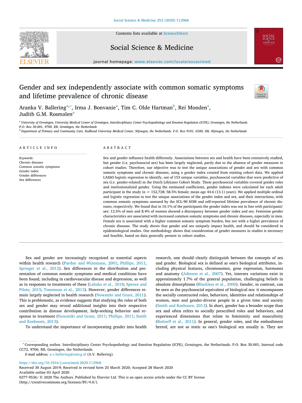 Gender and Sex Independently Associate with Common Somatic Symptoms T and Lifetime Prevalence of Chronic Disease ∗ Aranka V