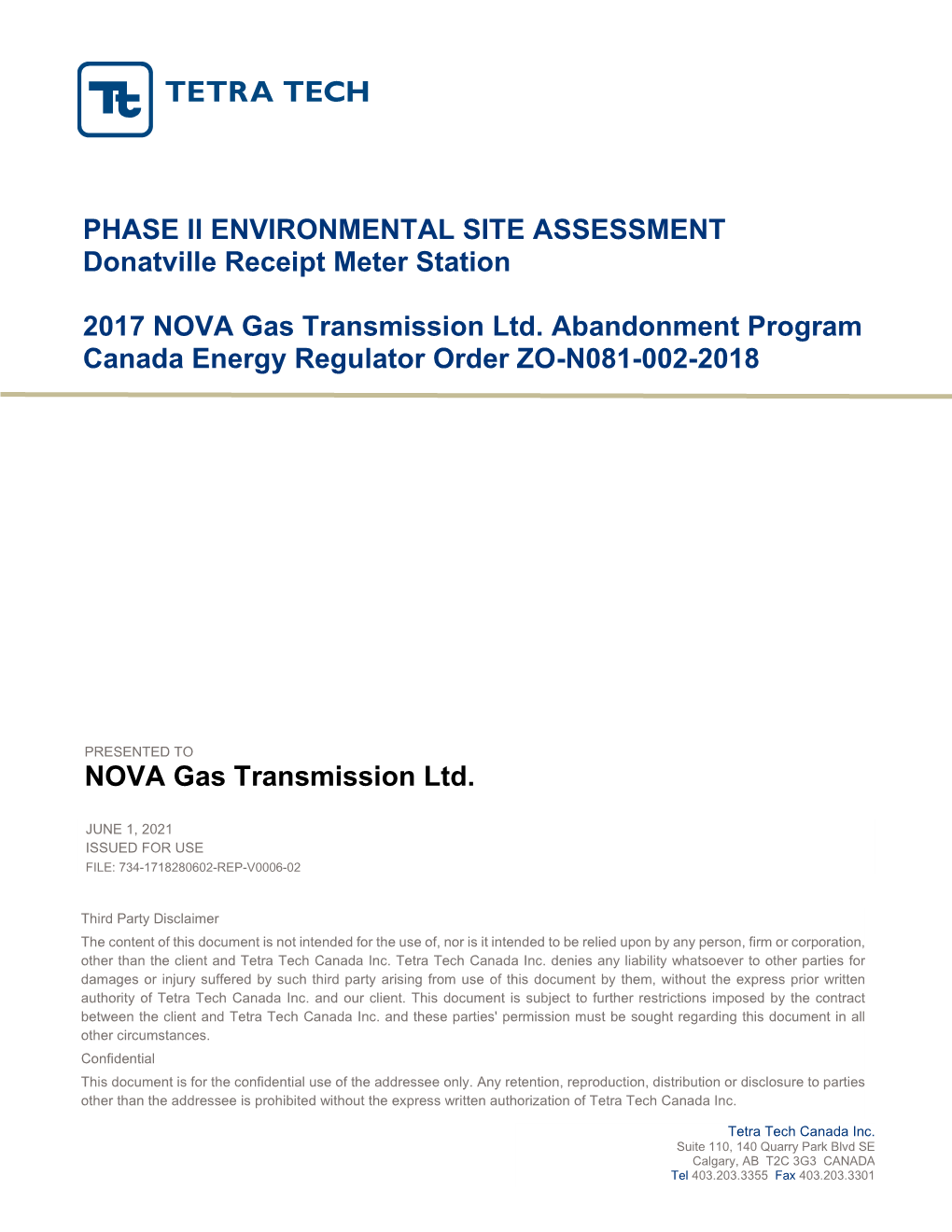 Phase Ii Environmental Site Assessment – Donatville Receipt Meter Station File: 734-1718280602-Rep-V0006-02 | June 1, 2021 | Issued for Use