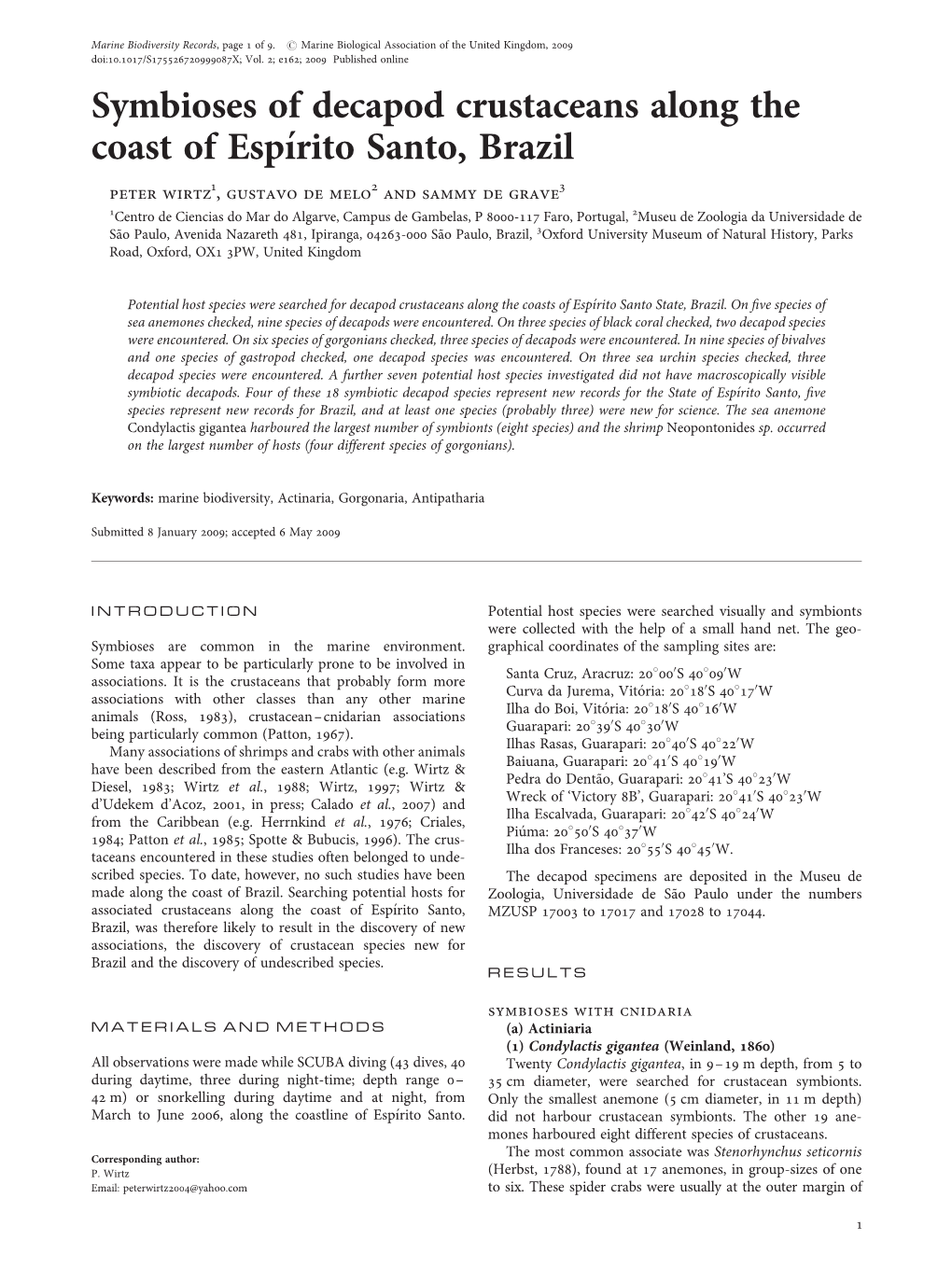 Symbioses of Decapod Crustaceans Along the Coast of Espírito Santo, Brazil