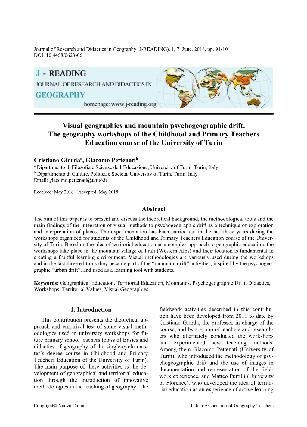Visual Geographies and Mountain Psychogeographic Drift. the Geography Workshops of the Childhood and Primary Teachers Education Course of the University of Turin