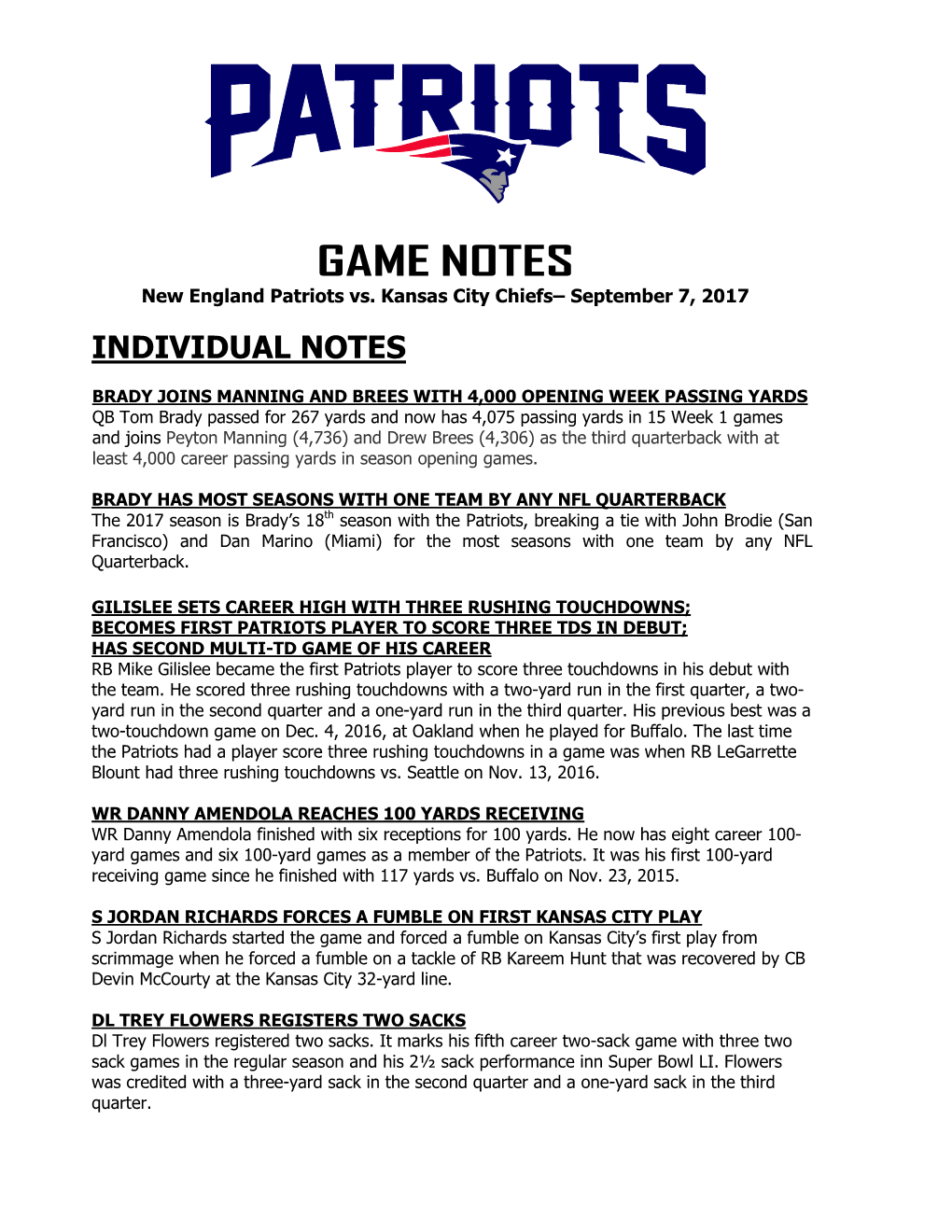 GAME NOTES New England Patriots Vs