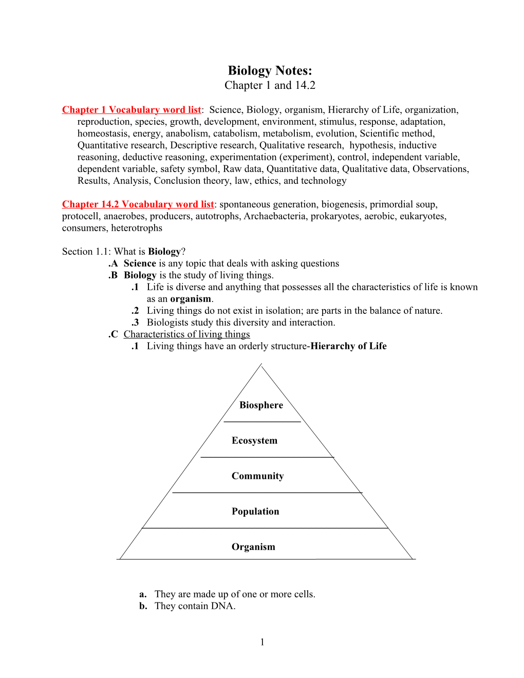 Chapter One – Biology: The Study Of Life