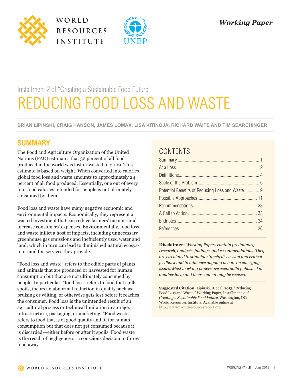 Reducing Food Loss and Waste Brian Lipinski, Craig Hanson, James Lomax, Lisa Kitinoja, Richard Waite and Tim Searchinger