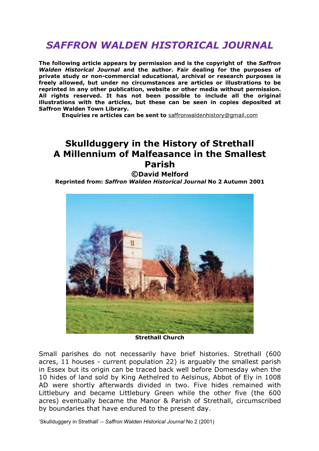 Skullduggery in Strethall’ – Saffron Walden Historical Journal No 2 (2001)