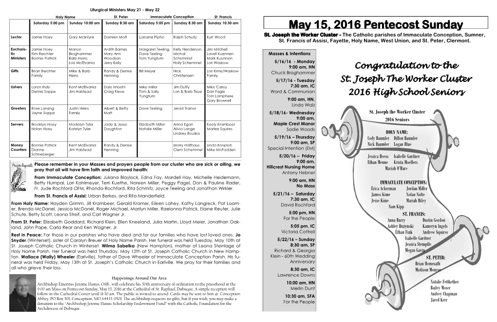 May 15, 2016 Pentecost Sunday
