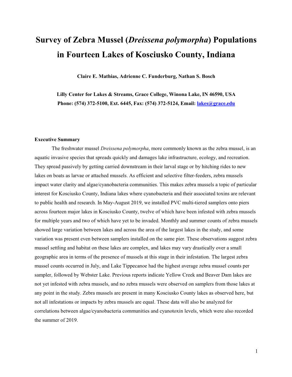 Survey of Zebra Mussel (Dreissena Polymorpha) Populations in Fourteen Lakes of Kosciusko County, Indiana
