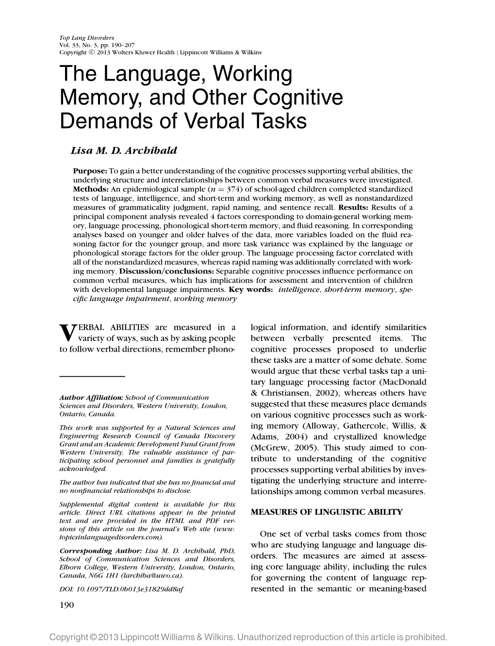The Language, Working Memory, and Other Cognitive Demands of Verbal Tasks