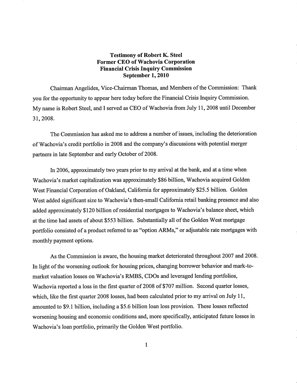 Testimony of Robert I( Steel Former CEO of Wachovia Corporation Financial Crisis Inquiry Commission September L,2010