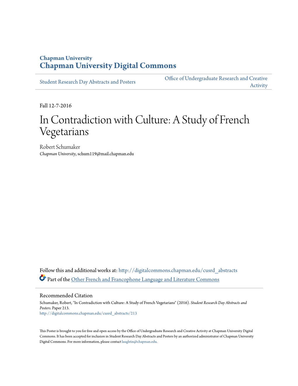 A Study of French Vegetarians Robert Schumaker Chapman University, Schum119@Mail.Chapman.Edu