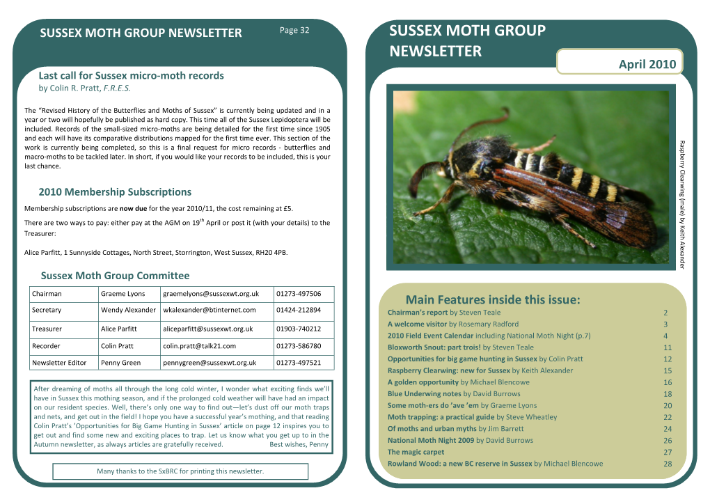 SUSSEX MOTH GROUP NEWSLETTER Page 32 SUSSEX MOTH GROUP NEWSLETTER April 2010 Last Call for Sussex Micro-Moth Records by Colin R