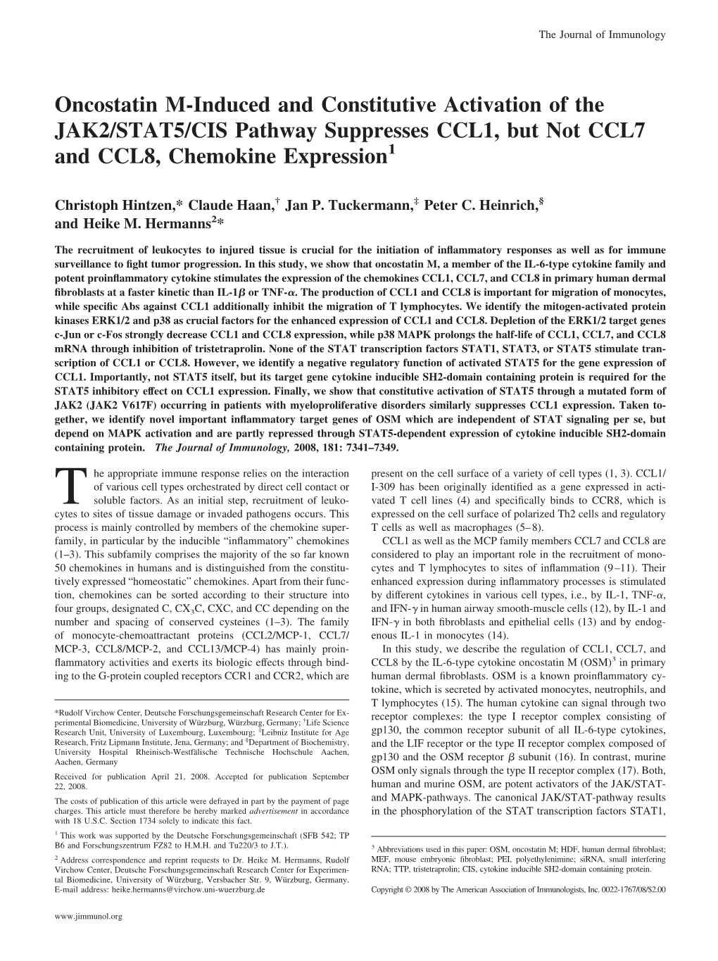 Oncostatin M-Induced and Constitutive Activation of the JAK2/STAT5/CIS Pathway Suppresses CCL1, but Not CCL7 and CCL8, Chemokine Expression1