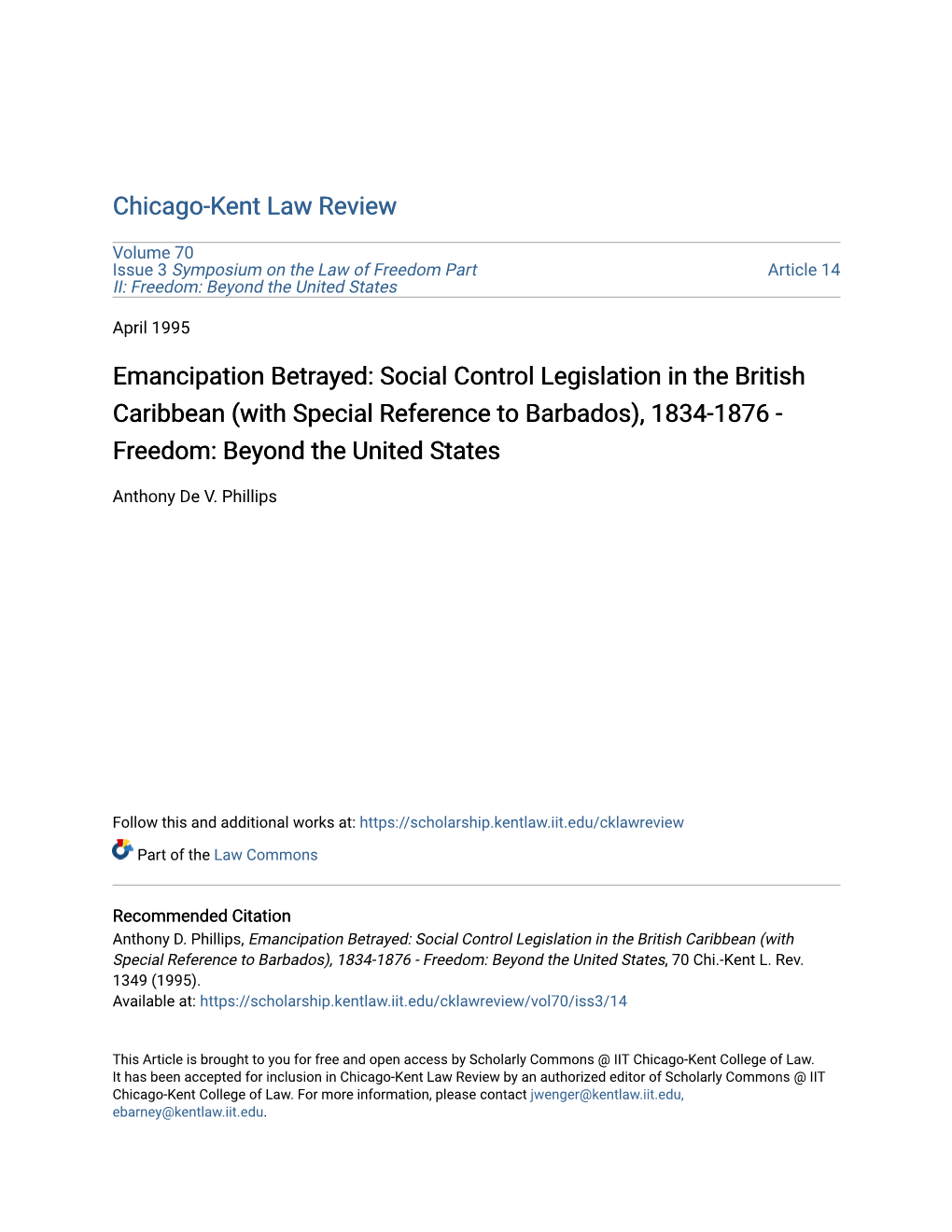 Emancipation Betrayed: Social Control Legislation in the British Caribbean (With Special Reference to Barbados), 1834-1876 - Freedom: Beyond the United States