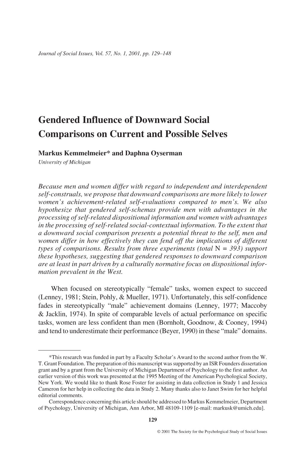 Gendered Influence of Downward Social Comparisons on Current and Possible Selves
