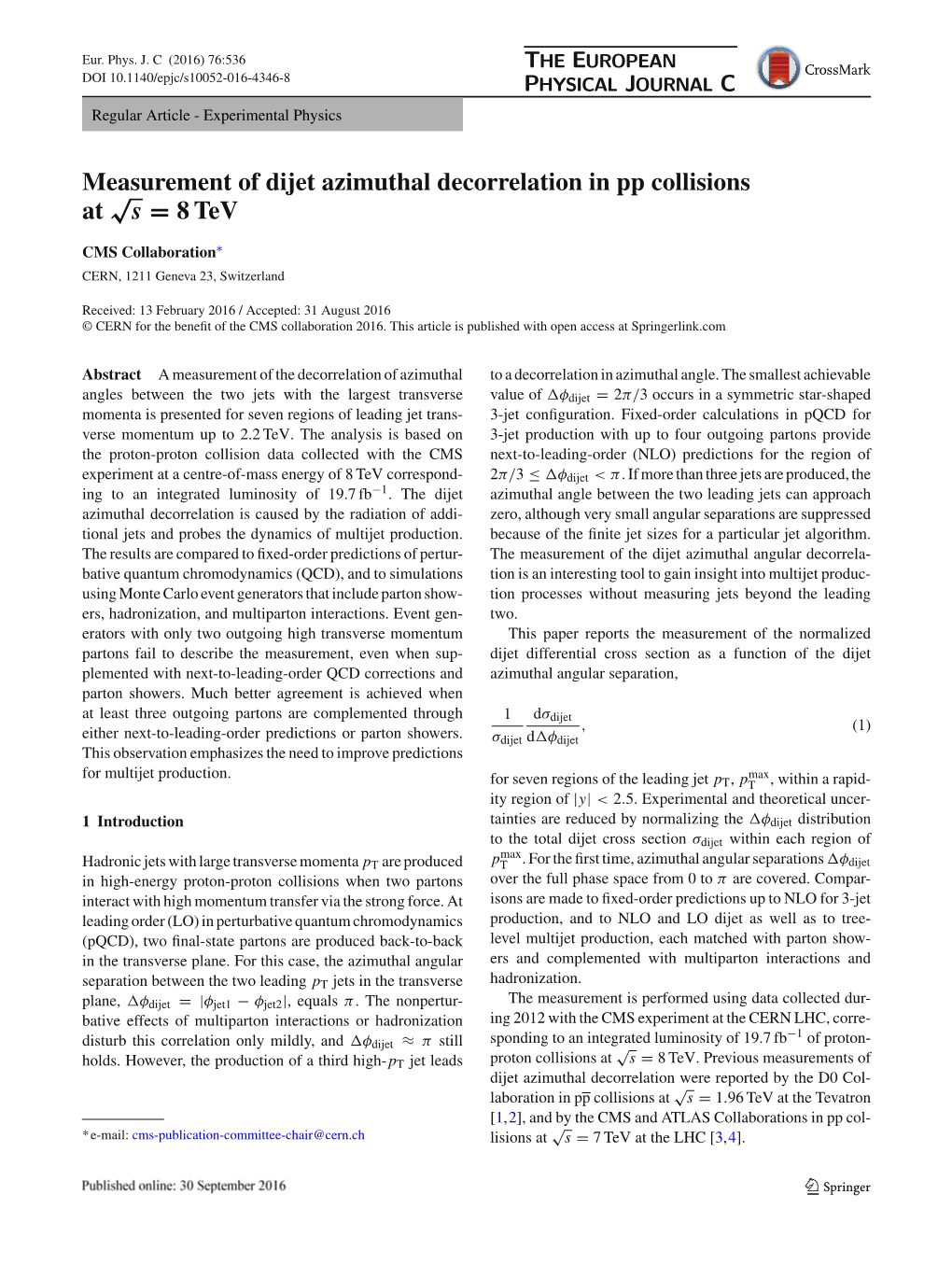 Measurement of Dijet Azimuthal Decorrelation in Pp Collisions at $\Sqrt {S} $= 8