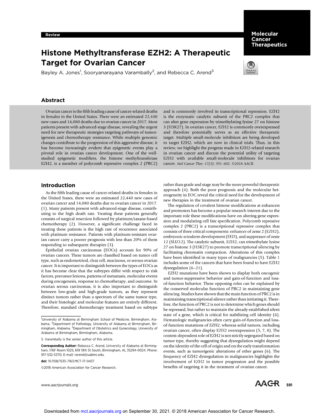 Histone Methyltransferase EZH2: a Therapeutic Target for Ovarian Cancer Bayley A