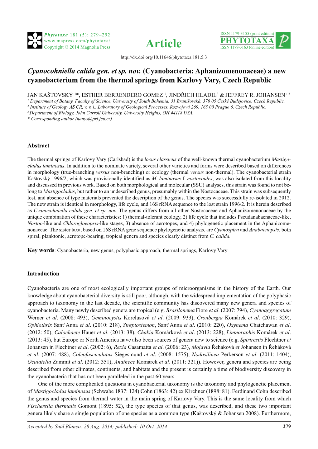 Cyanobacteria: Aphanizomenonaceae) a New Cyanobacterium from the Thermal Springs from Karlovy Vary, Czech Republic