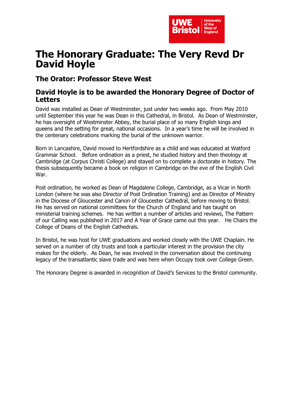 The Honorary Graduate: the Very Revd Dr David Hoyle