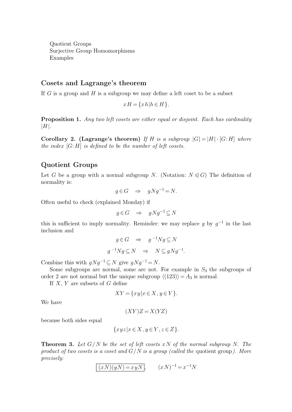 Cosets and Lagrange's Theorem Quotient Groups