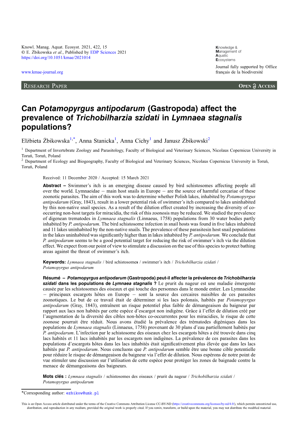 Can Potamopyrgus Antipodarum (Gastropoda) Affect the Prevalence of Trichobilharzia Szidati in Lymnaea Stagnalis Populations?