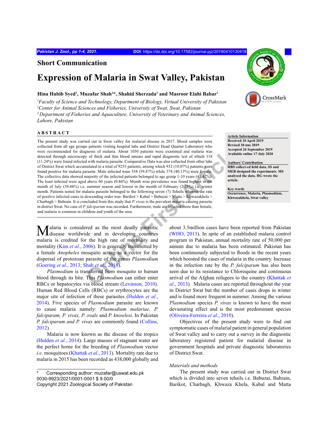 Online First Article Expression of Malaria in Swat