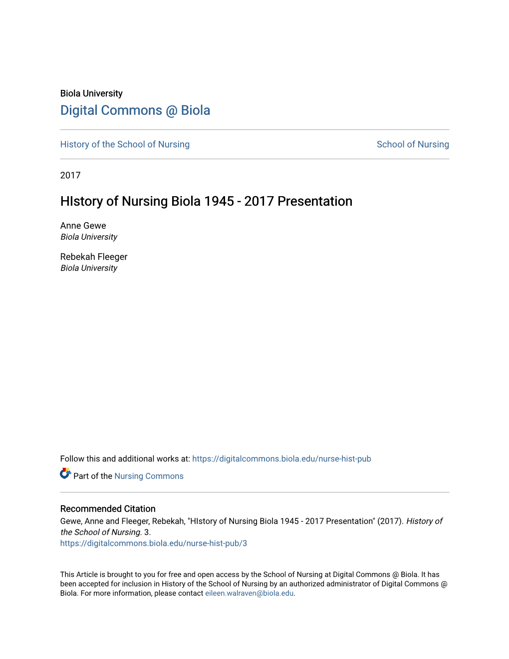 History of Nursing Biola 1945 - 2017 Presentation