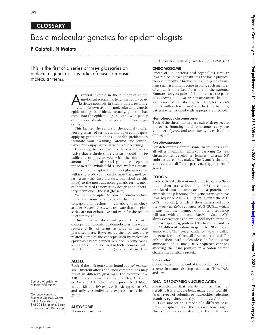 Basic Molecular Genetics for Epidemiologists F Calafell, N Malats