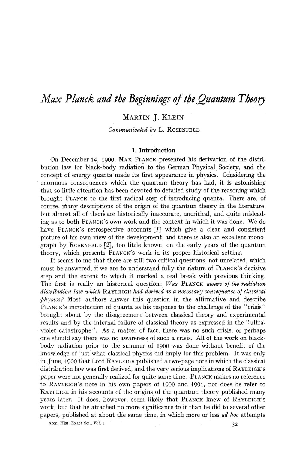 Max Planck and the Beginnings of the Quantum Theory