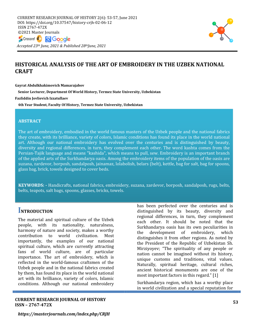 Historical Analysis of the Art of Embroidery in the Uzbek National Craft