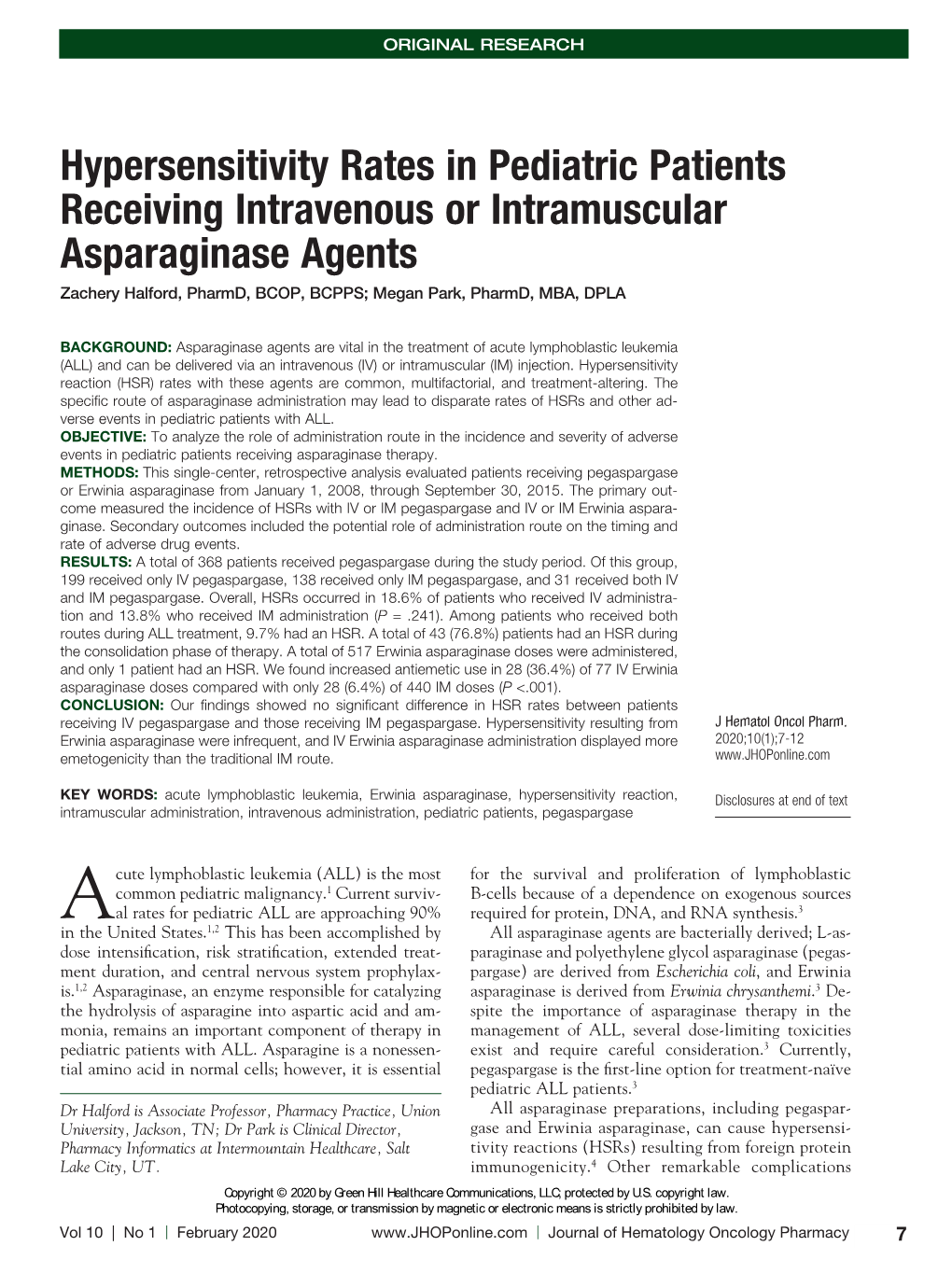 Hypersensitivity Rates in Pediatric Patients Receiving Intravenous Or Intramuscular Asparaginase Agents