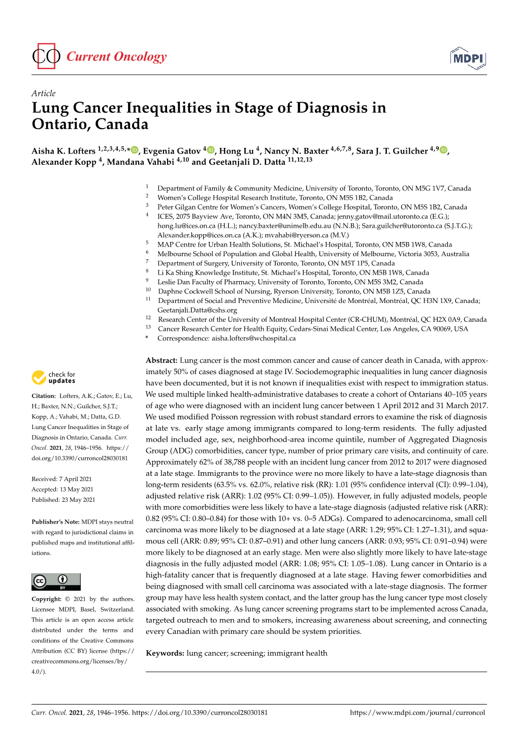 Lung Cancer Inequalities in Stage of Diagnosis in Ontario, Canada