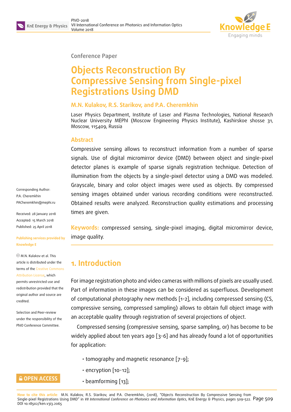 Objects Reconstruction by Compressive Sensing from Single-Pixel Registrations Using DMD M.N