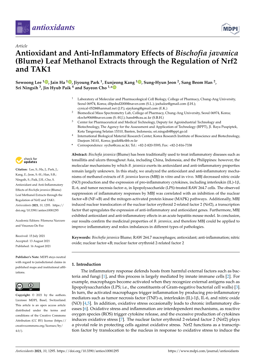 Antioxidant and Anti-Inflammatory Effects of Bischofia Javanica (Blume) Leaf Methanol Extracts Through the Regulation of Nrf2 and TAK1