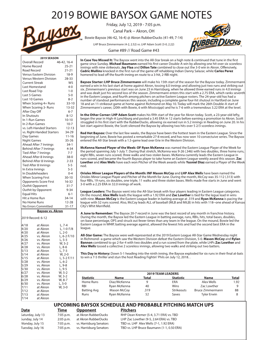 2019 BOWIE BAYSOX GAME NOTES Friday, July 12, 2019 - 7:05 P.M