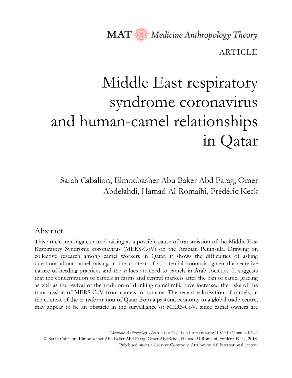 Middle East Respiratory Syndrome Coronavirus and Human-Camel Relationships in Qatar