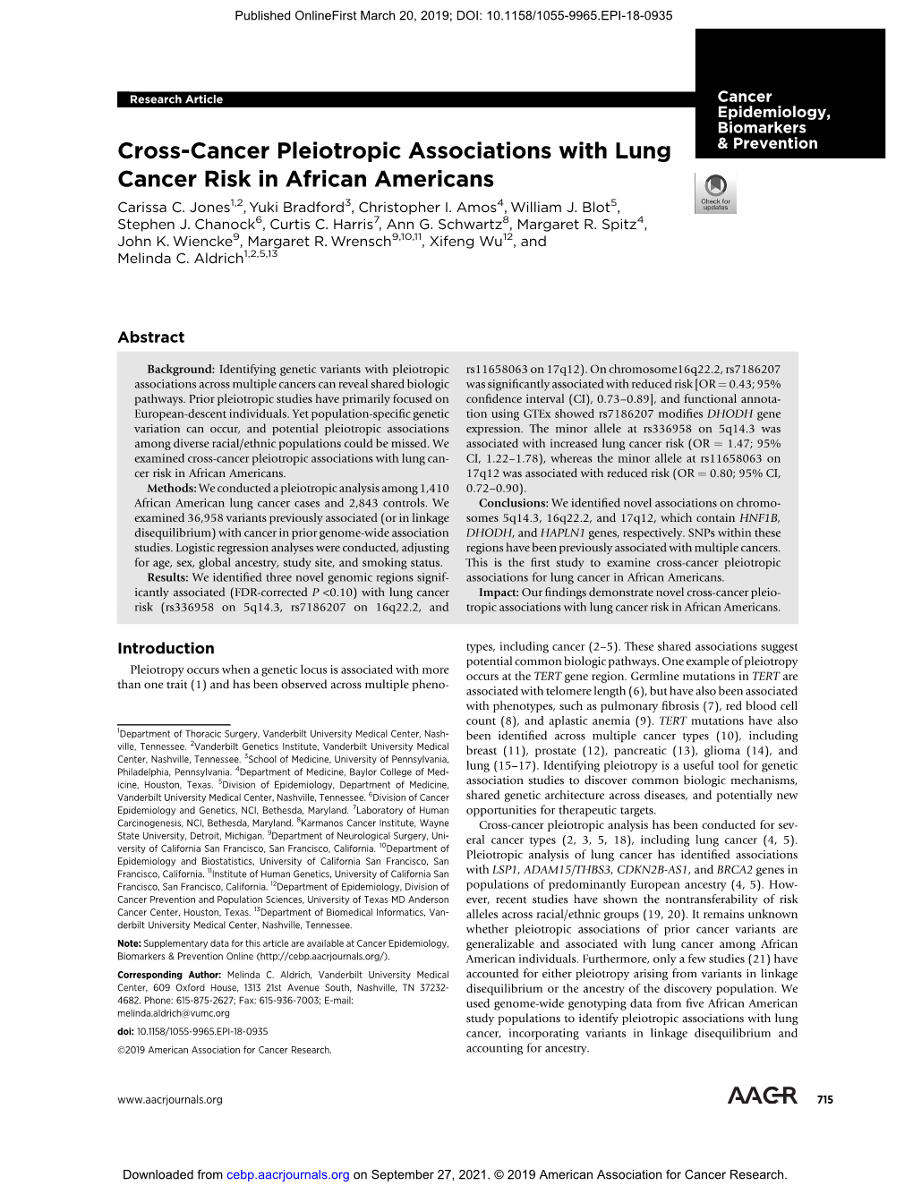Cross-Cancer Pleiotropic Associations with Lung Cancer Risk in African Americans