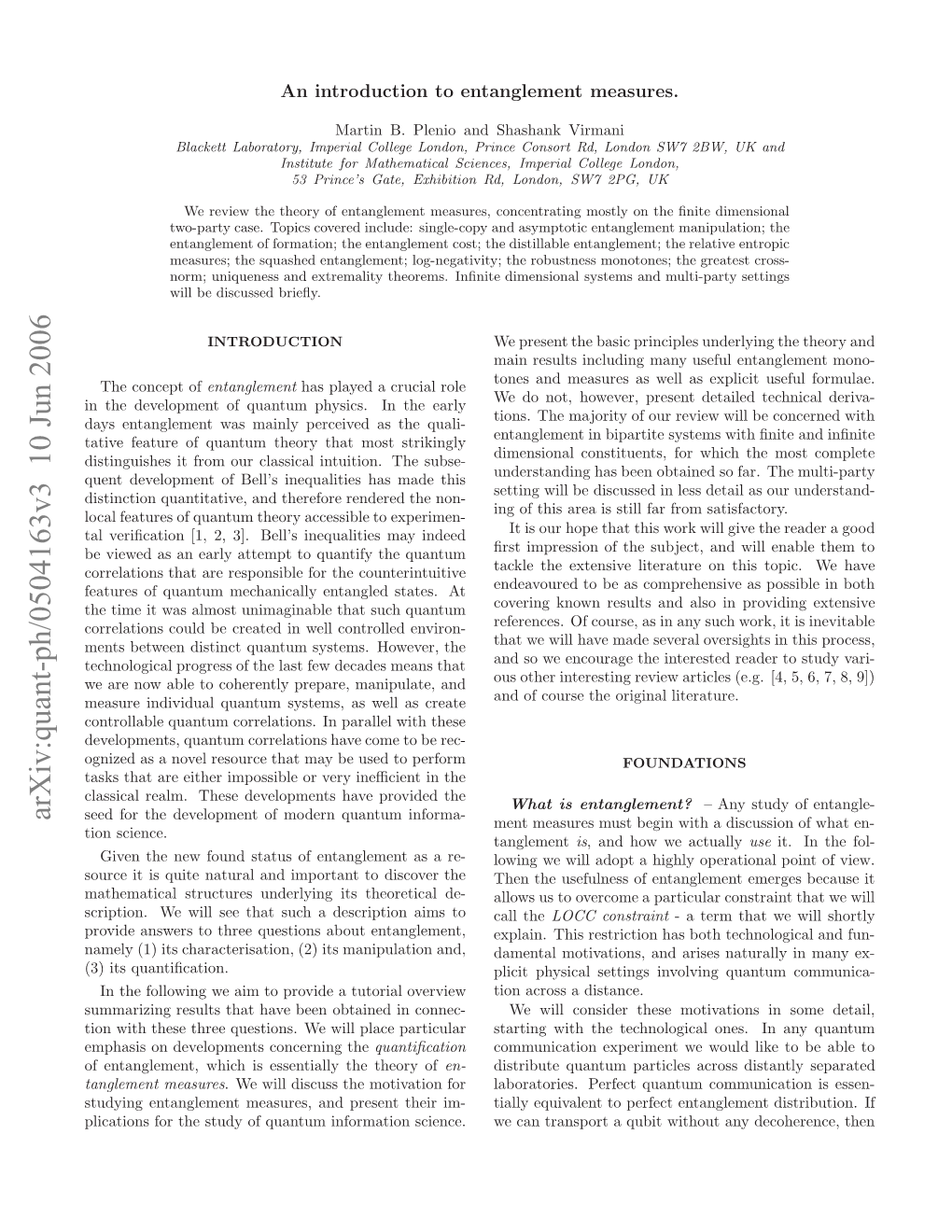 Arxiv:Quant-Ph/0504163V3 10 Jun 2006 Lctosfrtesuyo Unu Nomto Science