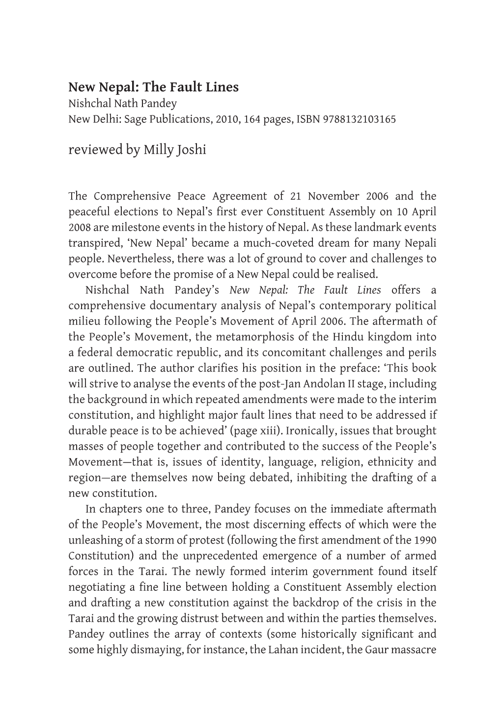 New Nepal: the Fault Lines Reviewed by Milly Joshi