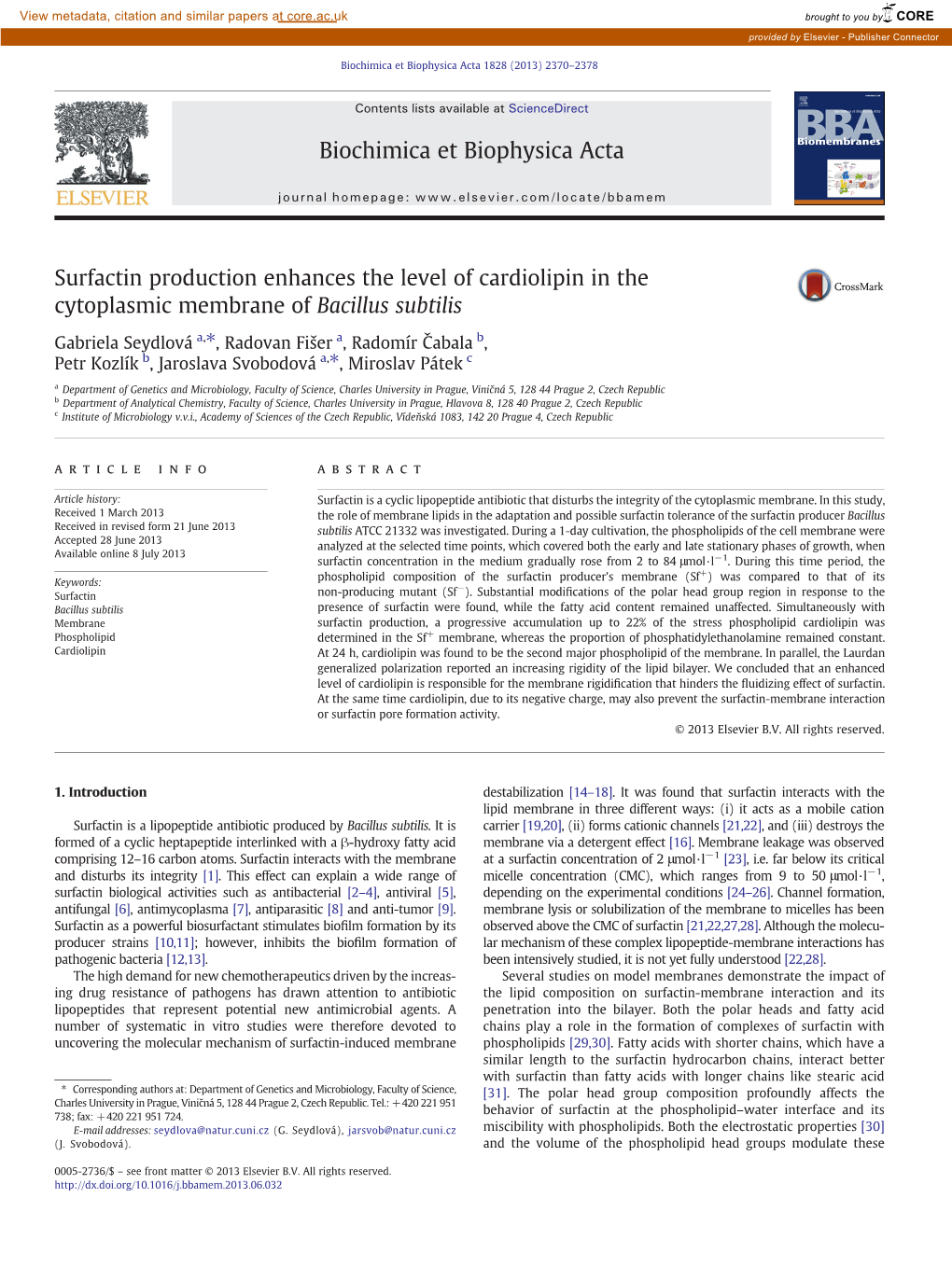 Surfactin Production Enhances the Level of Cardiolipin in the Cytoplasmic Membrane of Bacillus Subtilis