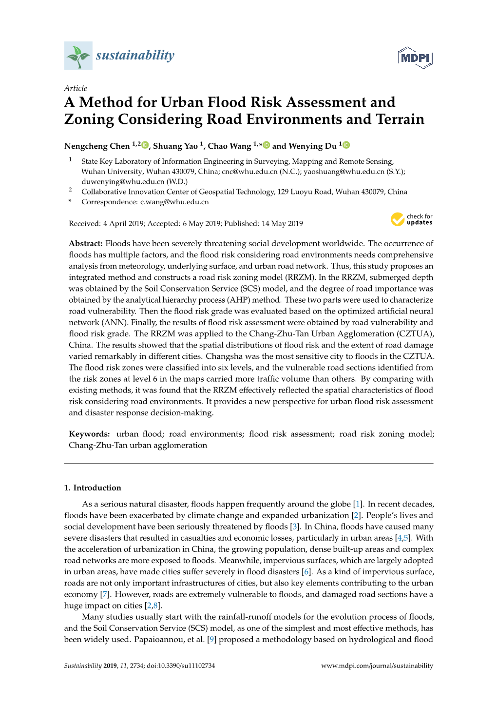 A Method for Urban Flood Risk Assessment and Zoning Considering Road Environments and Terrain