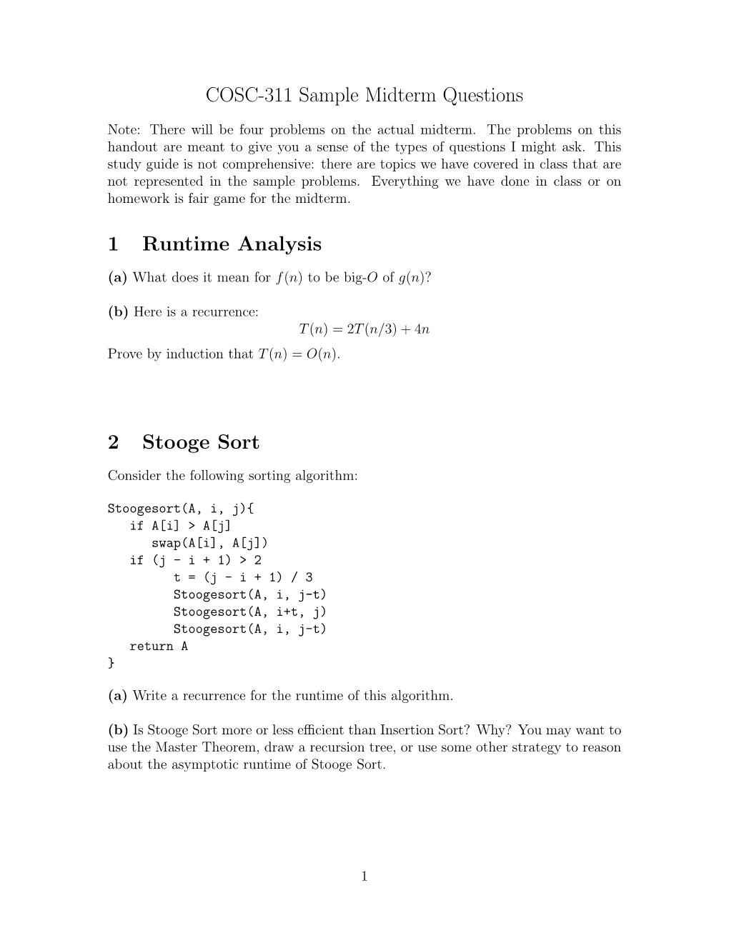 COSC-311 Sample Midterm Questions 1 Runtime Analysis 2