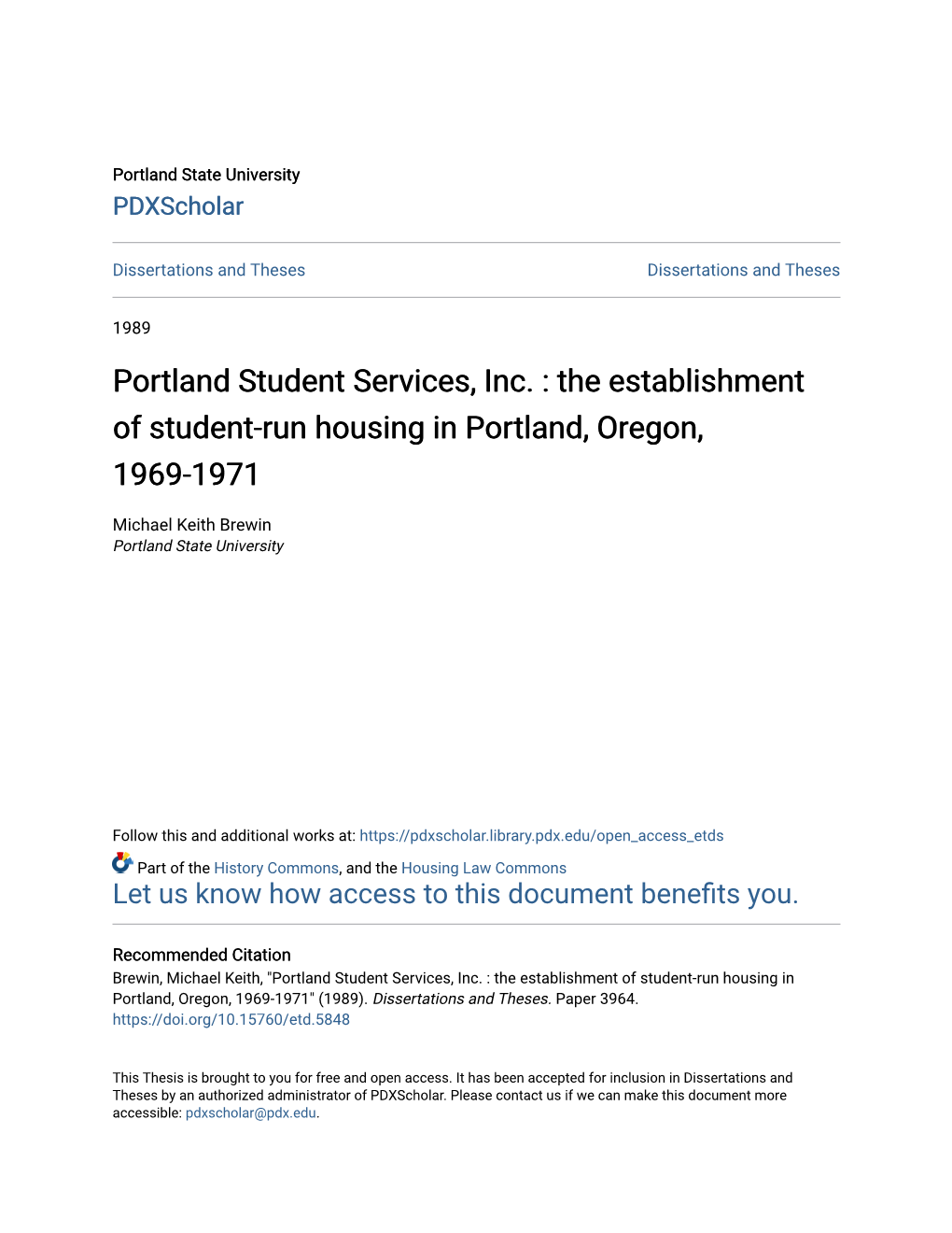 The Establishment of Student-Run Housing in Portland, Oregon, 1969-1971